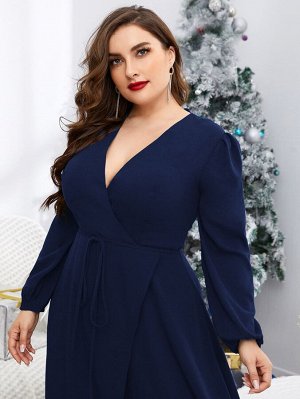 Платье Plus Size с поясом и пышным рукавом