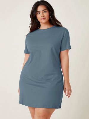 Plus Size Однотонное платье-футболка с коротким рукавом
