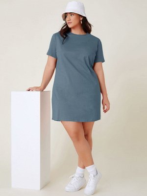 Plus Size Однотонное платье-футболка с коротким рукавом