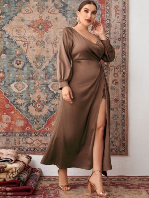 SheIn Plus Size Платье с рукавами-фонариками со сборками из атласа