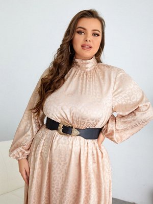 Plus Size Платье с леопардовым принтом жаккардовый с рукавами-фонариками с воротником-стойкой из атласа без пояса