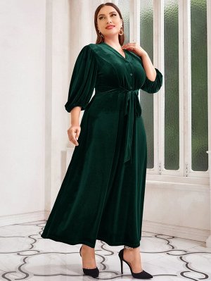 SheIn Платье с рукавами-фонариками на пуговицах с поясом из бархата Plus Size