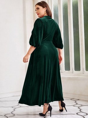 Платье с рукавами-фонариками на пуговицах с поясом из бархата Plus Size