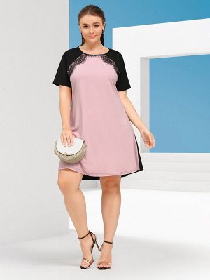Plus Size Платье Контрастный с кружевной отделкой с рукавом-реглан