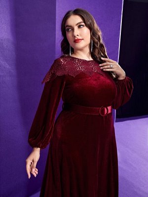 Plus Size Платье с рукавами-фонариками с кружевной отделкой с поясом из бархата