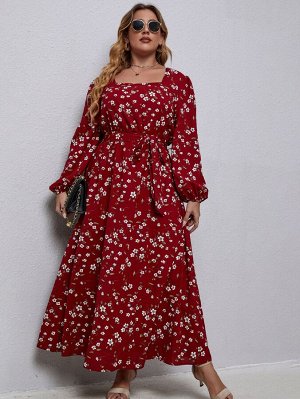 Платье с поясом с цветочным принтом с рукавами-фонариками Plus Size