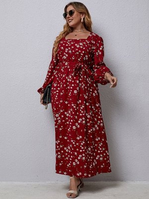 Платье с поясом с цветочным принтом с рукавами-фонариками Plus Size