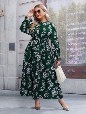 Платье с поясом с цветочным принтом с рукавами-воланами Plus Size