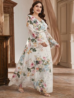 Платье с поясом с цветочным принтом макси Plus Size