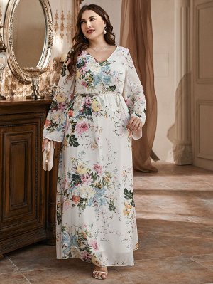 Платье с поясом с цветочным принтом макси Plus Size