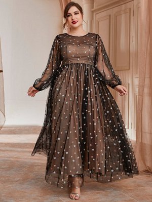 SheIn Plus Size Вечернее платье с рукавами-фонариками звезды сетчатый