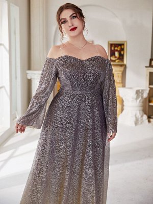 Plus Size Платье открытыми плечами с принтом растений прозрачный ремешок