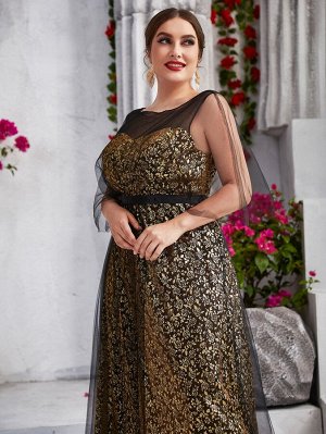 Plus Size Вечернее платье с золотым цветочным узором контрастный сетчатый