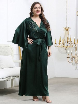 Plus Size Платье цветочным рисунком аппликациями поясом из атласа