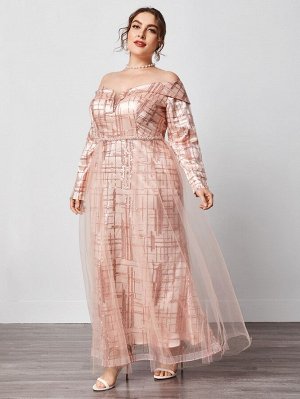 Plus Size Платье контрастные блестки сетчатая вставка с открытыми плечами