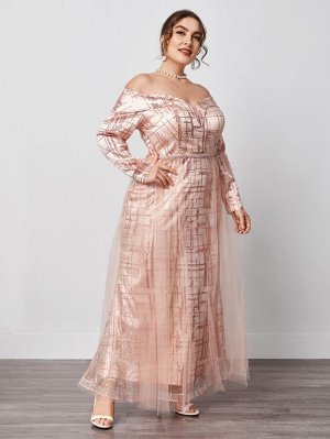 Plus Size Платье контрастные блестки сетчатая вставка с открытыми плечами