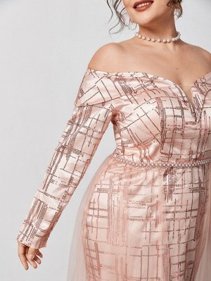 Plus Size Платье контрастные блестки сетчатая вставка с открытыми плечами