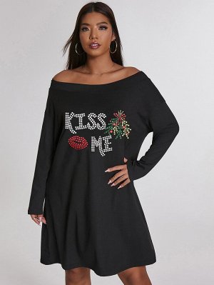 Платье с принтом губ и слогана с открытыми плечами Plus Size