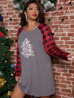 Plus Size Платье-футболка с рождественским принтом с рукавом-реглан