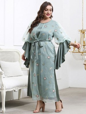 Plus Size Платье с поясом с цветочной вышивкой контрастный сетчатый