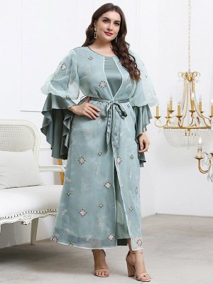 Plus Size Платье с поясом с цветочной вышивкой контрастный сетчатый