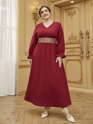 Plus Size Платье блестящий вставка с цветочной вышивкой с рукавами-воланами