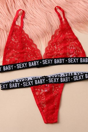 Красный кружевной комплект белья с надписью: SEXY BABY