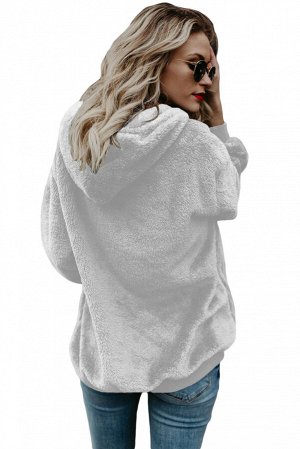 Белый "плюшевый" пуловер с карманами и капюшоном
