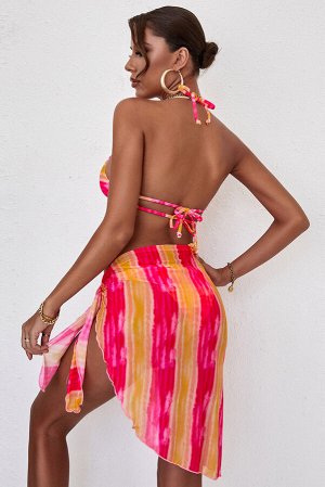 Розово-желтый купальник бикини с рюшами и красочным принтом + пляжная юбка-саронг