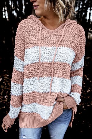 Розово-белое полосатое худи-свитер крупной вязки