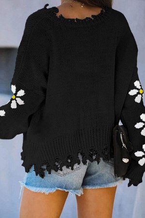 Черный рваный свитер с принтом ромашки