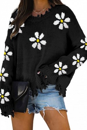 Черный рваный свитер с принтом ромашки