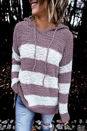 Сиренево-белое полосатое худи-свитер крупной вязки