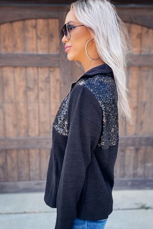 Черный пуловер-свитшот с воротником на молнии и пайетками