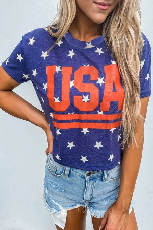 Синя футболка со звездным принтом и надписью: USA