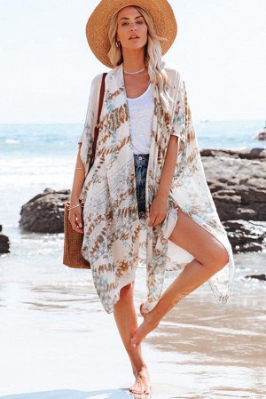 Белая открытая пляжная накидка-кимоно с боковыми разрезами и разноцветным цветочным принтом