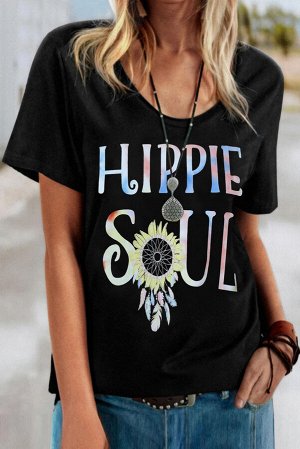 Черная футболка с принтом подсолнух и надписью: HIPPIE SOUL