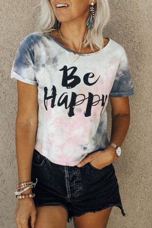 Белая футболка с разноцветным красочным принтом и надписью: Be Happy