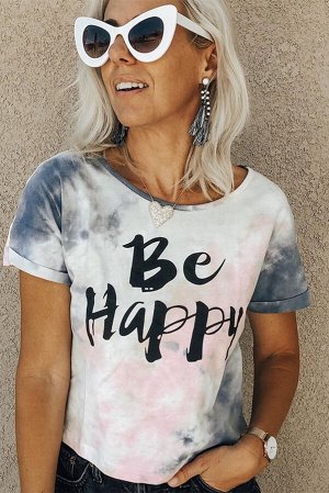 Белая футболка с разноцветным красочным принтом и надписью: Be Happy