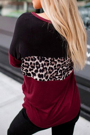 Бордово-черная блуза с длинными рукавами и леопардовым принтом