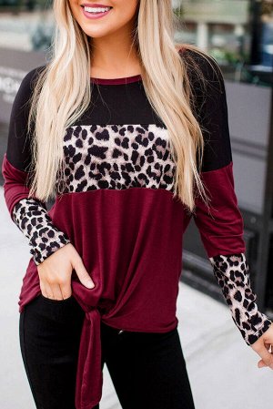 Бордово-черная блуза с длинными рукавами и леопардовым принтом