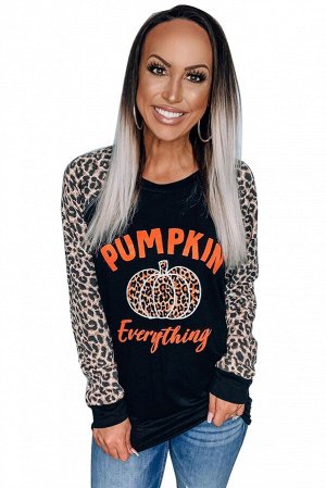 Черный топ с леопардовыми рукавами и принтом с надписью:Pumpkin Everything
