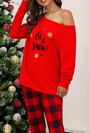 Красный рождественский комплект для отдыха: свитшот с надписью: Let It Snow! + клетчатые штаны