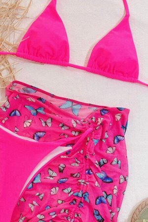 Розовый купальный комплект из 3 частей: треугольный бюстгальтер халтер + плавки с высокой талией + пляжная юбка на завязках с принтом бабочки