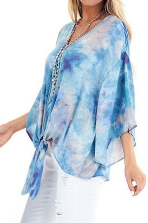 Бежево-голубая свободная блузка с узором под батик и завязками-бантом