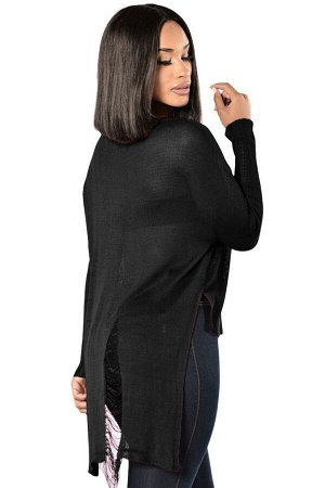 Свободный черный свитер с асимметричным низом и бахромой из "рваных" петель