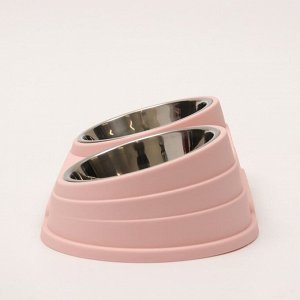 Миска металлическая двойная наклонная на пластиковом основании, 36,5 х 19 х 8 см, розовая