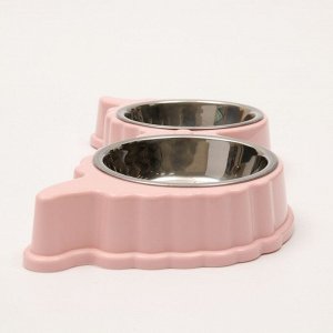 Миска металлическая двойная на пластиковой основе, 30 х 16 х 4,5 см см, розовая