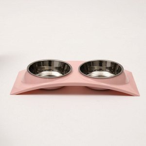 Миска металлическая двойная на пластиковой основе, 38,5 х 16,7 х 5 см, розовая, 160 мл