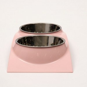 Миска металлическая двойная на пластиковой основе, розовая, 38,5 х 16,7 х 5 см, 160 мл
